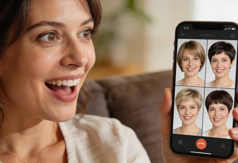 A woman in her late 30s sitting comfortably on a couch, holding her smartphone and smiling while looking at different hairstyle simulations on the screen.
